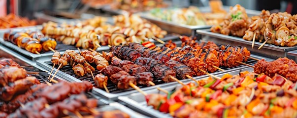 Variety of grilled street foods on display at a vibrant Chinese cafe, Chinese, grilling