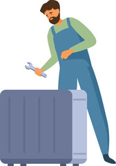 Repairman in uniform is fixing a washing machine using a wrench