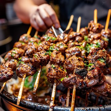 Chef preparing grilled lamb skewers with cumin at a bustling Chinese cafe, Chinese, grilling