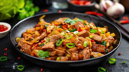 Fototapeta premium Chinese stirfried sour cabbage with pork and tofu, a proteinrich dish, Chinese, sour
