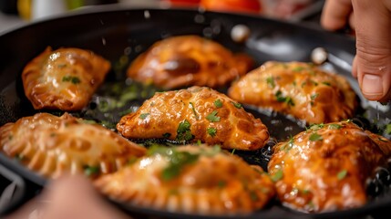 Closeup of hands frying homemade empanadas in a skillet, Mexican, frying