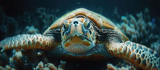 Fototapeta premium Close-Up Underwater Shot of a Sea Turtle Swimming Among Coral Reefs in Crystal Clear Ocean Waters