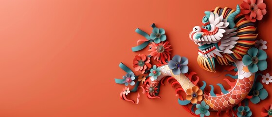 A dragon with flowers on it is on a red background. The dragon is colorful and has a lot of detail. Scene is bright and cheerful.