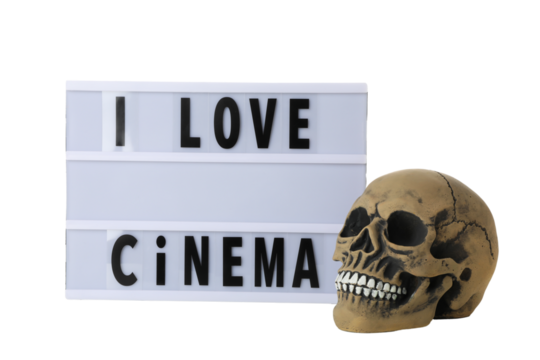 PNG, Lightbox with text and decorative skull, isolated on white background