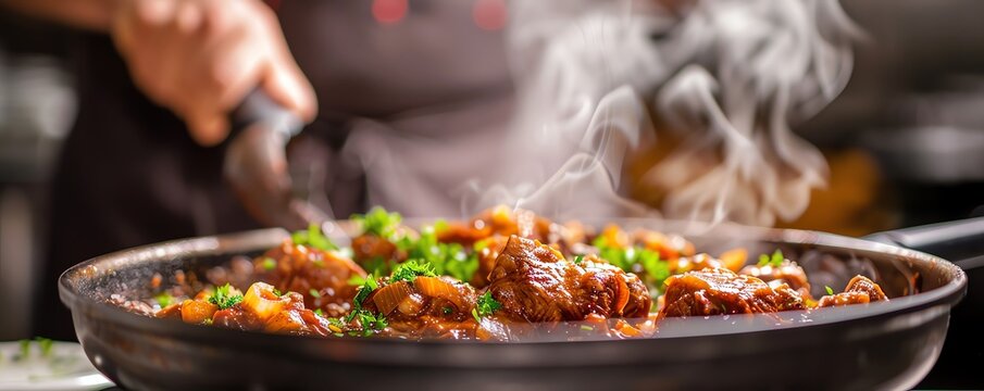 Fine dining scene with a chef boiling veal for a traditional French blanquette, French, boiling