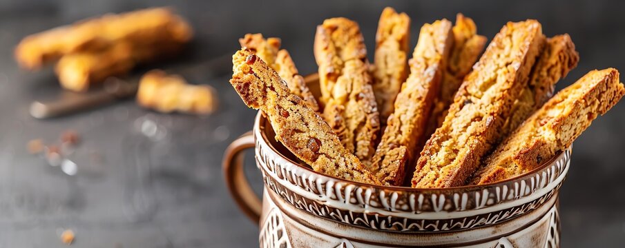 Freshly baked biscotti arranged in a decorative jar, Italian, baking