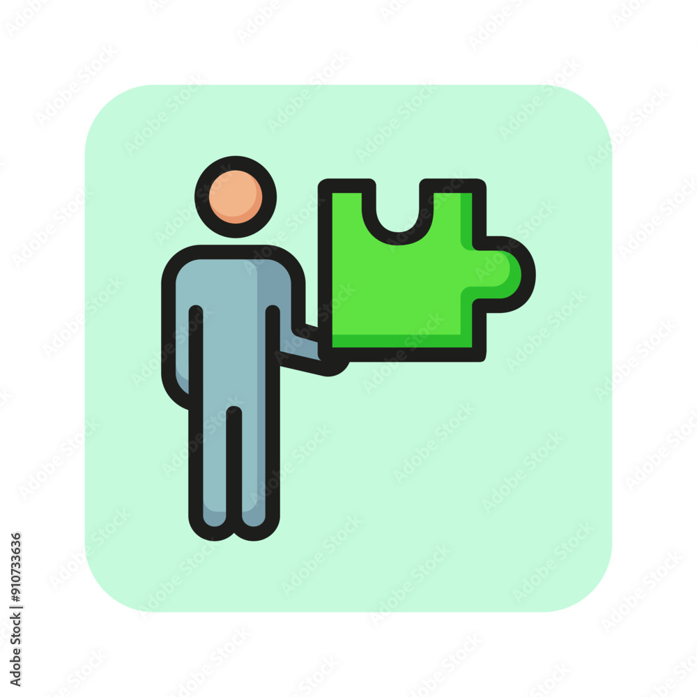 Poster Man holding puzzle piece line icon. Solution, decision, problem. Idea concept. Vector illustration can be used for topics like business, planning, creativity