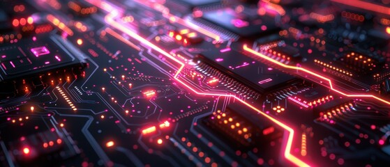 Fototapeta premium Illuminated Digital Circuits: Neon Lights of Modern Technology