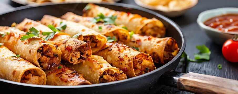 Frying pan with goldenbrown Mexican taquitos in a vibrant kitchen, Mexican, frying