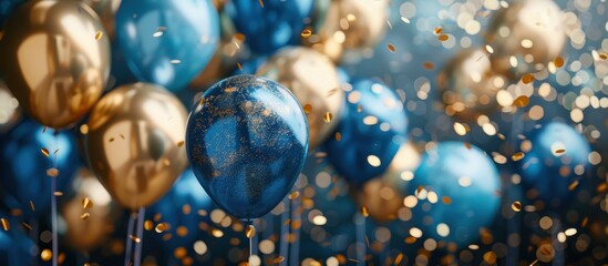 Festive Celebration with Blue and Gold Balloons and Confetti in a Vibrant Party Atmosphere