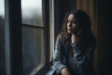 image of sad person looking out window.