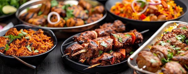 Obraz premium Indian buffet spread featuring roasted lamb kebabs and biryani, Indian, roasting