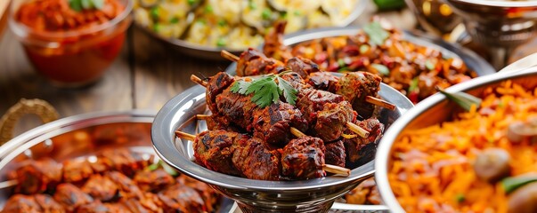 Obraz premium Indian buffet spread featuring roasted lamb kebabs and biryani, Indian, roasting