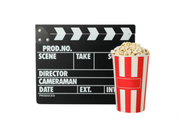 PNG, Clapperboard and popcorn in paper cup, isolated on white background