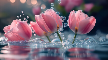 Pink Tulips with Splashing Water Droplets