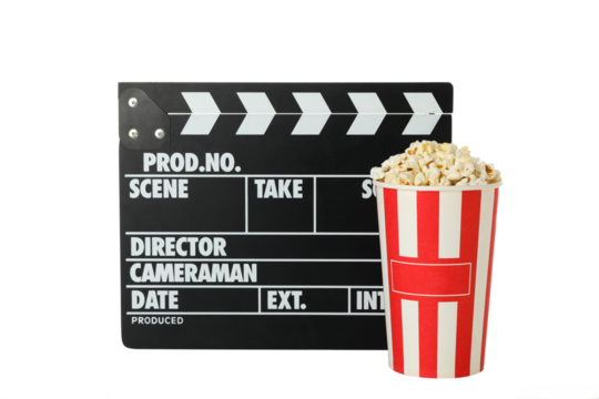 PNG, Clapperboard and popcorn in paper cup, isolated on white background
