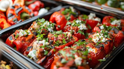 Roasted stuffed bell peppers with Indian spices at a vibrant buffet, Indian, roasting