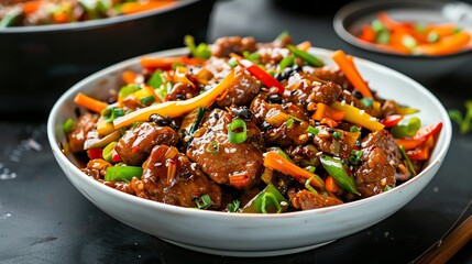 Fototapeta premium Stirfried Chinese pork with sour black bean sauce and vegetables, Chinese, sour