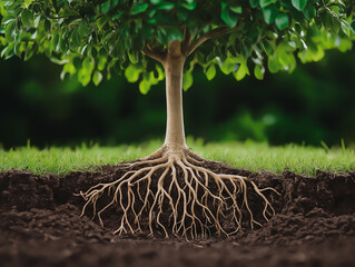 Agricultural style: Green canopy tree, planted in the soil, roots spreading into the soil. The roots are seen criss-crossing the ground