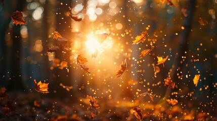 Golden Autumn Leaves Falling in Sunlit Forest with Bokeh Effect and Warm Glowing Light