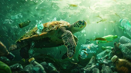 Obraz premium Sea Turtle Swimming Amidst Plastic Pollution in Ocean - Environmental Awareness and Marine Conservation