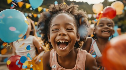 A young girl with curly hair laughs joyfully at a party with other children.