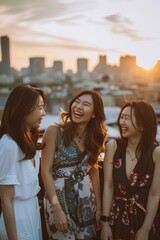 Three friends laughing on a rooftop at sunset