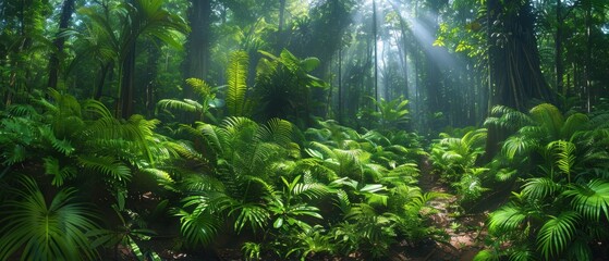 Serene Panoramic Rainforest Oasis with Diverse Flora and Towering Trees