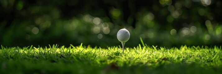 A golf ball sits on green grass illuminated by sunlight or light effects, highlighting the beauty and tranquility of the sport.