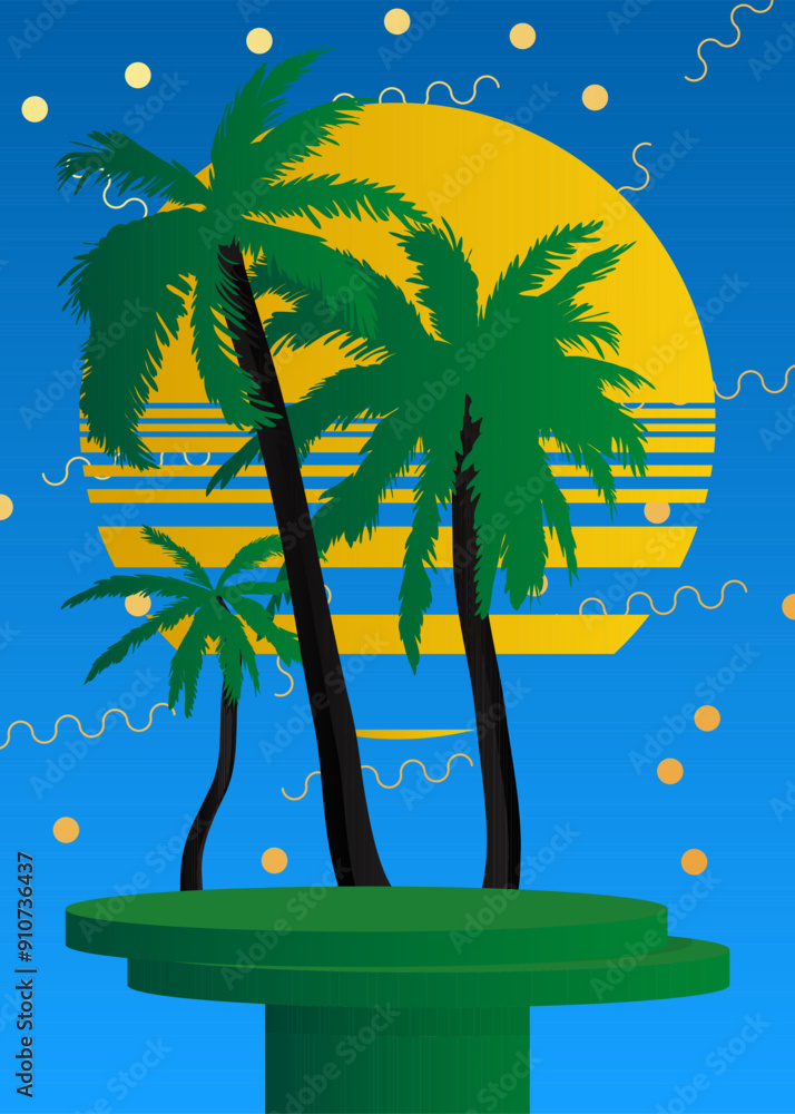 Poster mockup product display with palm tree. vector cylinder pedestal podium. stage showcase for presentat