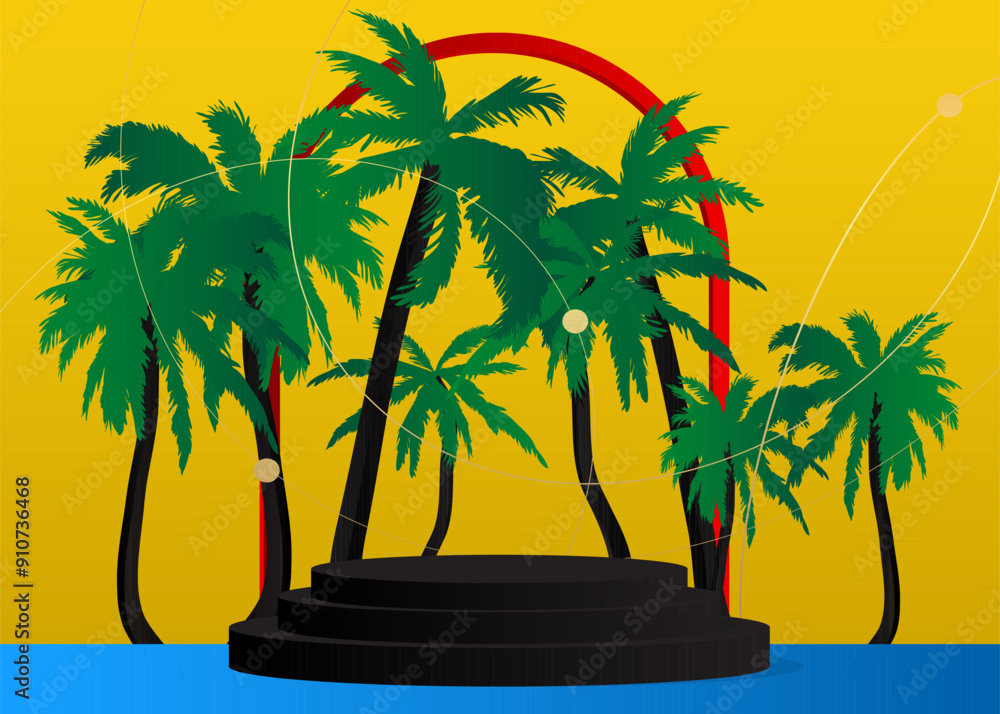 Poster mockup product display with palm tree. vector cylinder pedestal podium. stage showcase for presentat