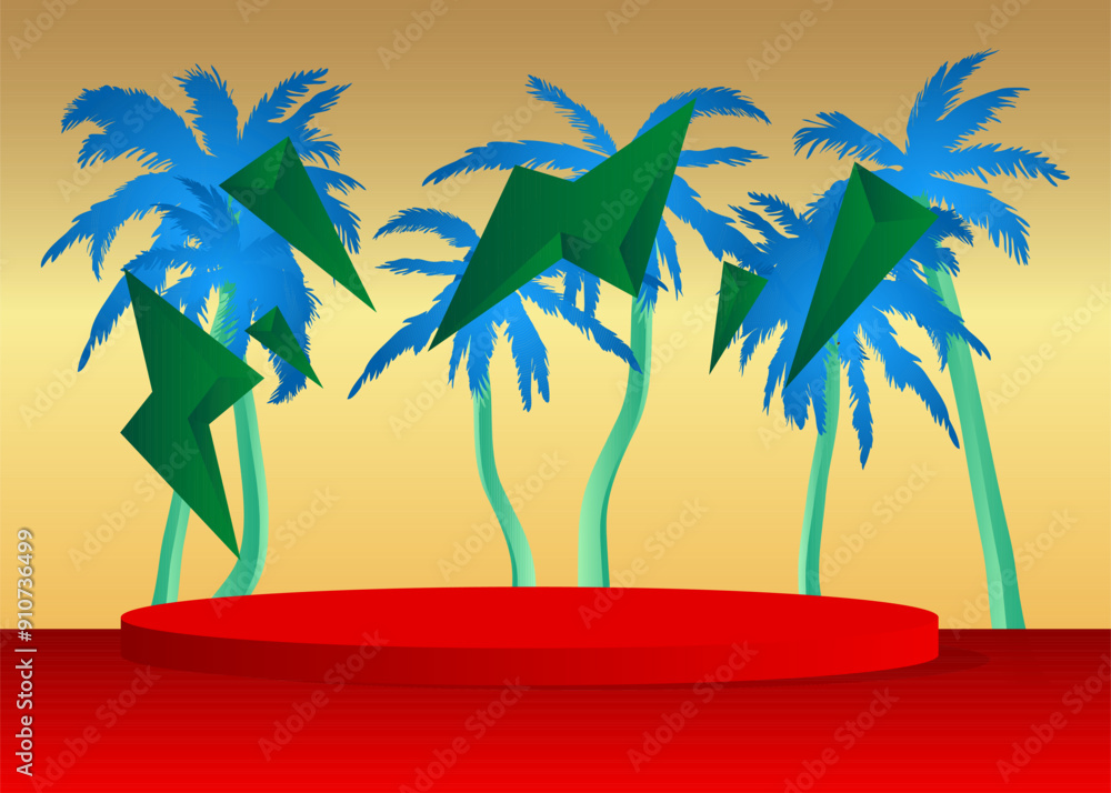 Poster mockup product display with palm tree. vector cylinder pedestal podium. stage showcase for presentat