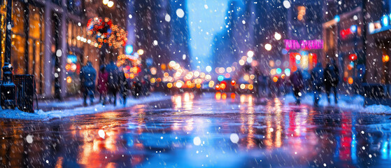 A bustling winter street scene, illuminated by festive lights, with gentle snowflakes falling and reflections on wet pavement.