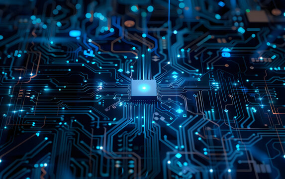 This detailed photo showcases a stateoftheart circuit board featuring illuminated blue lights and a central processor, emphasizing advancements in modern technology and electronics