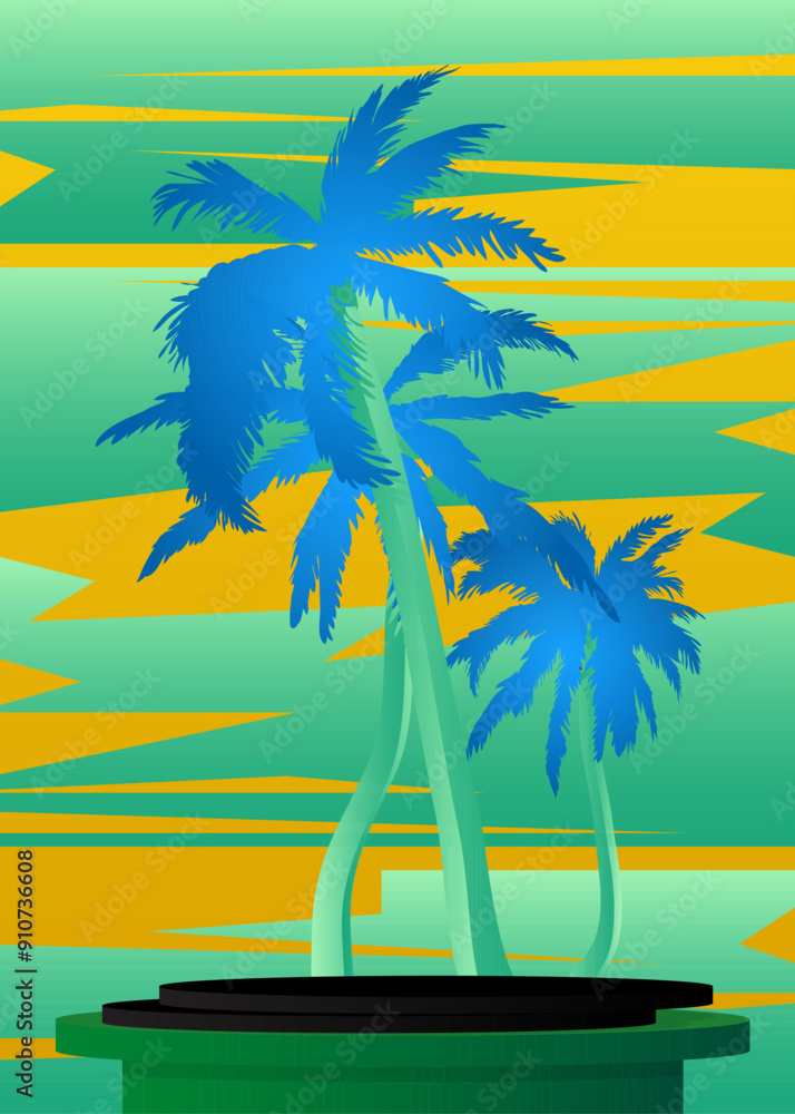 Poster mockup product display with palm tree. vector cylinder pedestal podium. stage showcase for presentat