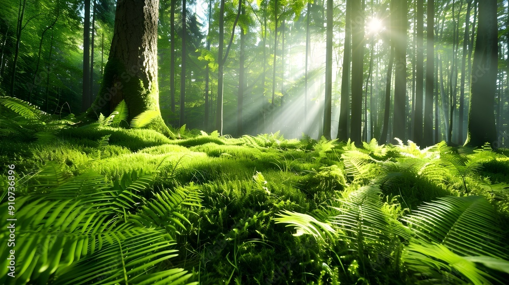 Poster sunbeams through the trees in a lush forest.