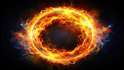Colorful blazing ring of fire around a fiery atom sphere on a black background, colorful, blazing, ring, fire, fiery, atom, sphere