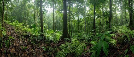 Fototapeta premium Serene Panoramic View of Lush Rainforest with Diverse Plant Life and Towering Trees