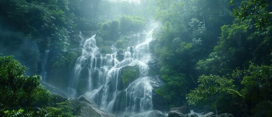 Obraz premium Serene Majestic Waterfall in High Definition Surrounded by Lush Vegetation and Misty Atmosphere