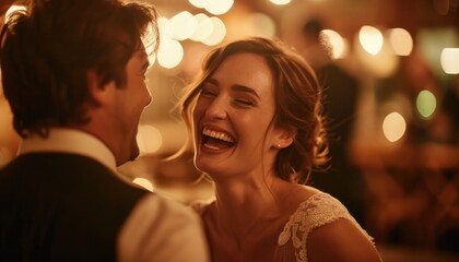 Bride and groom laughing at wedding reception