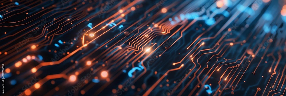 Poster highly detailed abstract representation of electronic circuitry with glowing elements creating a fut