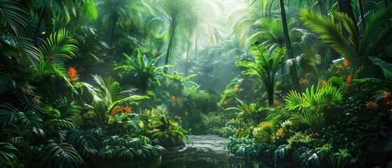 Lush Tropical Jungle Paradise with Exotic Flora and Fauna in Vivid Detail