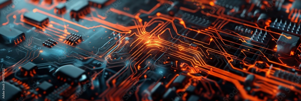 Poster close-up of a high-tech circuit board in dark orange and black, showcasing intricate patterns and co