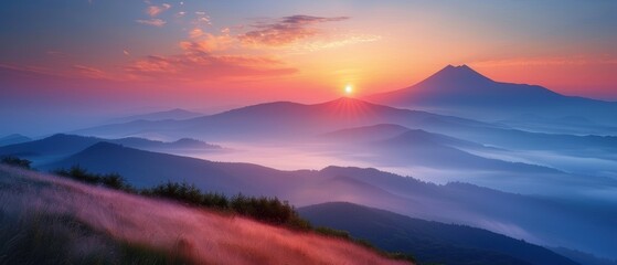 Obraz premium Majestic Sunrise Panorama of Serene Mountain Landscape with Vibrant Colors and Crystal-Clear Details