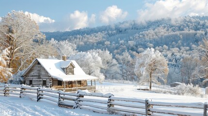 Snow-Covered Cabin in Winter Landscape