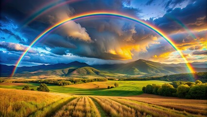 Fototapeta premium Vibrant double rainbow over a stunning landscape of mountains and fields, double rainbow, vibrant, landscape, mountains