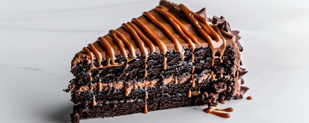 Chocolate cake slice with a drizzle of caramel sauce, isolated on white, mouthwatering and indulgent