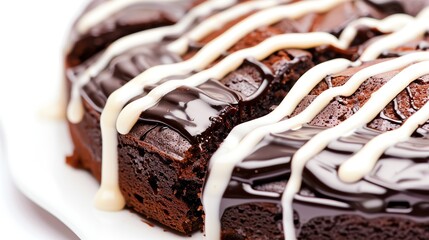 Chocolate cake with a drizzle of white chocolate sauce, closeup, isolated on white