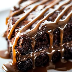 Chocolate cake with a drizzle of caramel sauce, closeup, against a white background