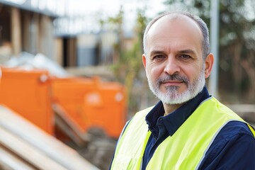 Portrait of a civil engineer in a safety vest at a construction site, Generative AI